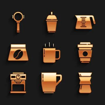 Set Coffee cup, Pour over coffee maker, to go, machine, Bag beans, pot and Ilustración de archivo
