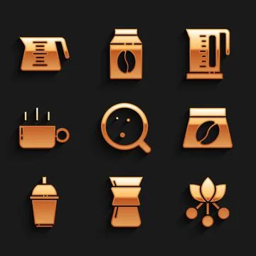 Set Coffee cup, Pour over coffee maker, bean, branch, Bag beans, to go, Electric Illustration