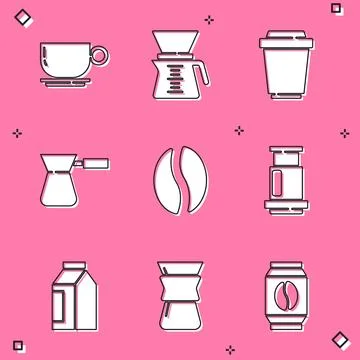 Set Coffee cup, Pour over coffee maker, to go, turk, beans, Aeropress, Bag and Ilustração Stock