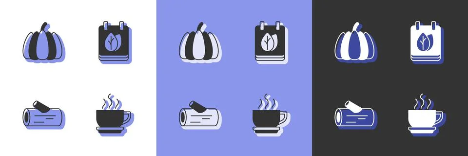 Set Coffee cup, Pumpkin, Wooden log and Calendar with autumn leaves icon. Vector Illustrazione stock