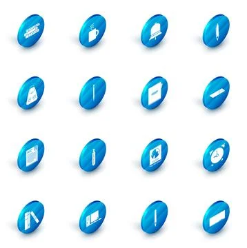 Set Coffee cup, Ringing bell, Pen, School backpack, File document and paper.. Stock Illustration