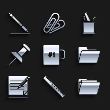 Set Coffee cup, Ruler, Document folder, Blank notebook and pencil with eraser Stock Illustration