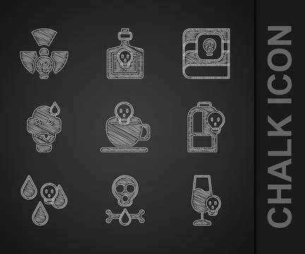 Set Coffee cup with skull, Bones and, Poisoned alcohol, Beaker toxic liquid.. Stock Illustration