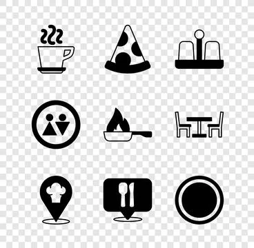 Set Coffee cup, Slice pizza, Salt and pepper, Chef hat with location, Cafe .. Ilustração Stock