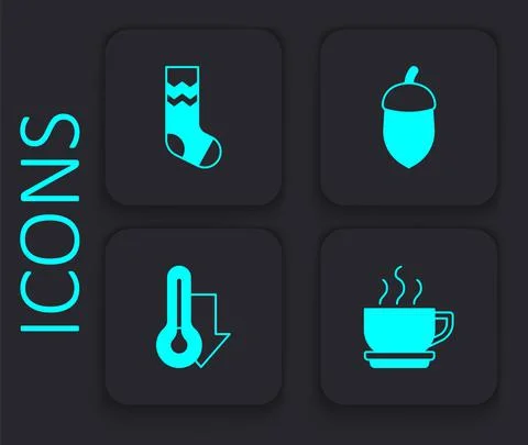 Set Coffee cup, Socks, Acorn and Thermometer icon. Black square button. Vector Stock Illustration