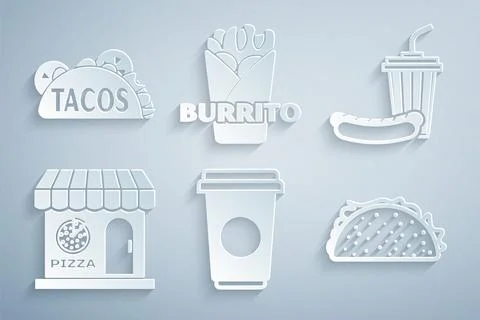 Set Coffee cup, Soda and hotdog, Pizzeria building facade, Taco with tortilla Ilustración de archivo