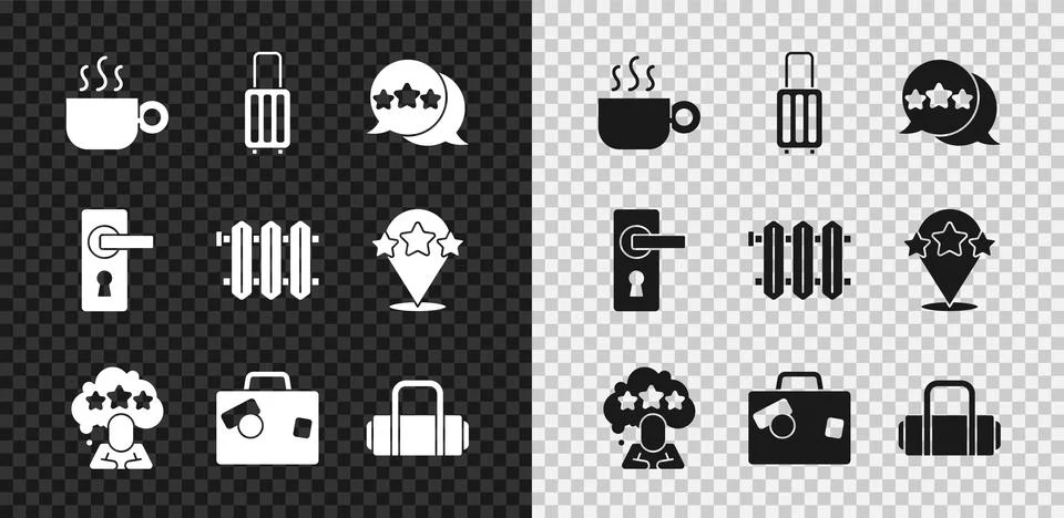 Set Coffee cup, Suitcase, Five stars rating review, Door handle and Heating Illustration