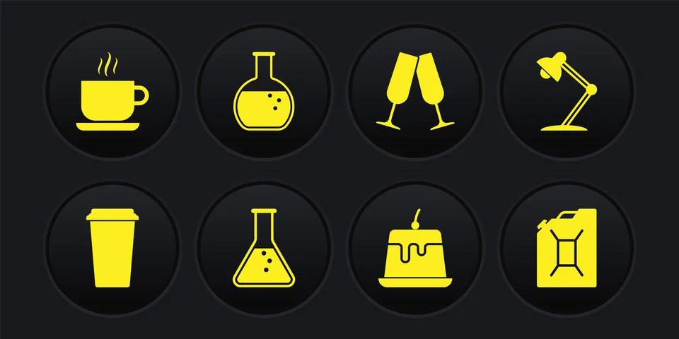 Set Coffee cup, Table lamp, Test tube and flask, Pudding custard, Glasses Ilustración de archivo