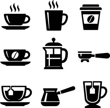 Set of coffee cups and makers with steam vector icons for kitchen or cafe Stock Illustration