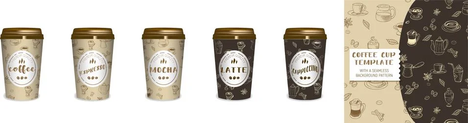 Set of coffee cups and two seamless patterns with coffee icons Stock Illustration