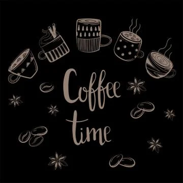Set of coffee cups. Coffee time text Stock Illustration