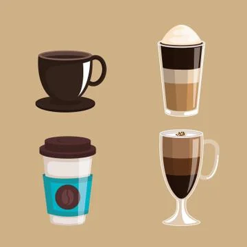 Set of coffee cups elements aroma fresh drink Stock Illustration