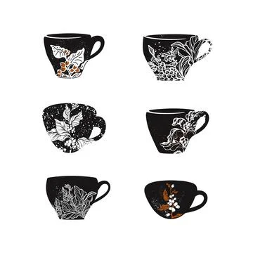 Set of coffee cups. Hand drawn plant, bean Vector Stock-Illustration