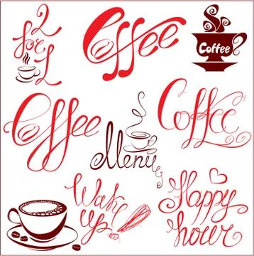 Set of coffee cups icons, stylized sketch symbols and hand drawn calligraphic Stock Illustration