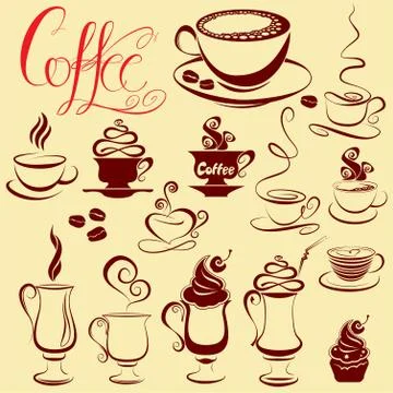 Set of coffee cups icons, stylized sketch symbols Stock Illustration