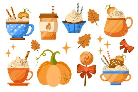Set of coffee dessert drinks in a mug. Pumpkin spice latte, tea, cappuccino Stock Illustration