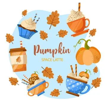 Set of coffee dessert drinks in a mug. Pumpkin spice latte, tea, cappuccino Stock Illustration