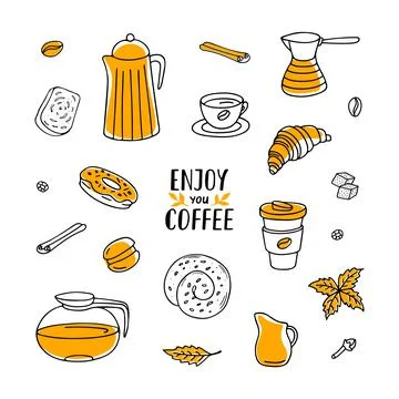 Set of coffee doodle with lettering. Stock Illustration