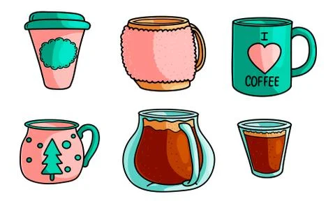 Set of coffee drinks in different cups and mugs vector illustration Stock Illustration