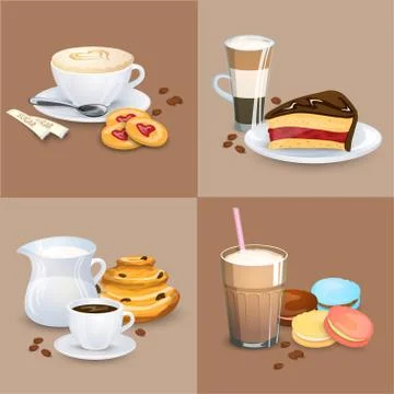 Set of Coffee drinks, sweets and bakery products Stock Illustration