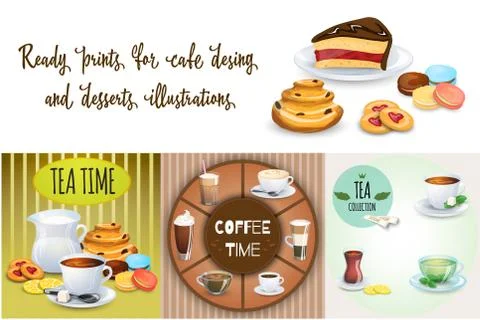 Set of Coffee drinks, sweets and bakery products. Some different illustration Stock Illustration
