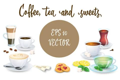 Set of Coffee drinks, sweets and bakery products. Some different illustration Stock Illustration