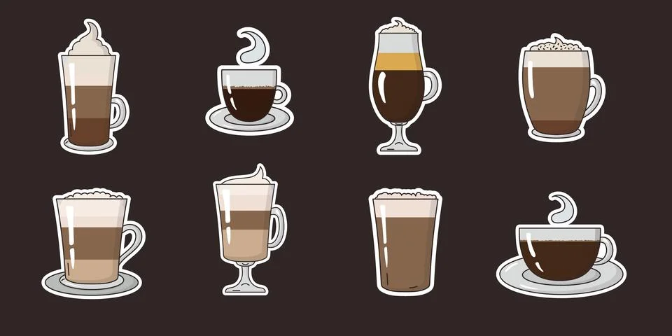 Set of Coffee Drinks Vector Sticker Pack, including Americano, Cappuccino, .. Stock Illustration
