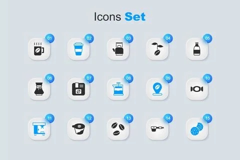 Set Coffee filter holder, Bag coffee beans, cup to go, machine, Cookie or b.. Ilustración de archivo