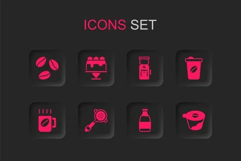 Set Coffee filter holder, Cake, beans, Milk bottle, cup to go, Pour over co.. Ilustración de archivo