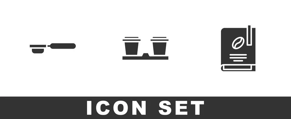 Set Coffee filter holder, cup to go and book icon. Vector Illustration