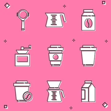 Set Coffee filter holder, pot, Bag coffee beans, Manual grinder, cup to go, and Ilustración de archivo