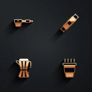 Set Coffee filter holder, Sugar stick packets, maker moca pot and cup to go icon Illustration