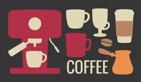 Set coffee icon. Coffee machine, cezve or turkish, coffee pot,  beans, cup. F Stock Illustration