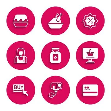 Set Coffee jar bottle, Security camera, Credit card, Shopping cart on computer Stock Illustration