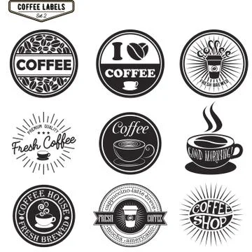 Set of coffee labels, design elements, emblems and badges. Isolated vector Illustrazione stock