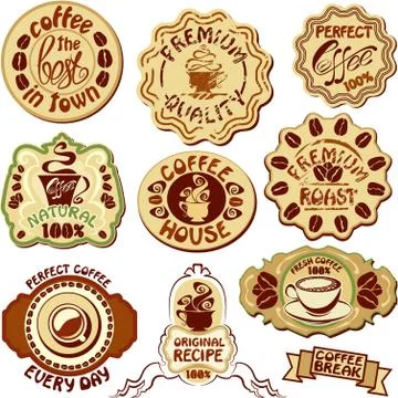 Set of coffee labels - hand drawn icons of cup and hand written text Stock Illustration