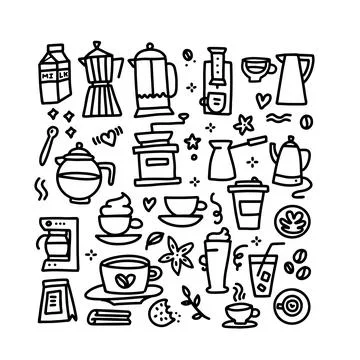 Set of coffee linear drawings set. Hand drawn doodle style vector illustration 스톡 일러스트
