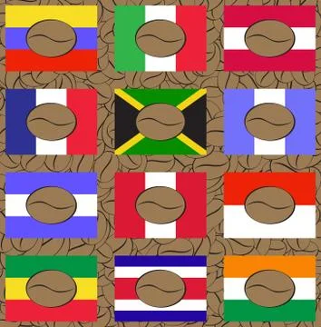 Set of coffee logos with flags of manufacturing countries Stock Illustration