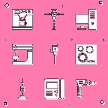 Set Coffee machine and cup, Construction jackhammer, Computer monitor, Electric Stock Illustration