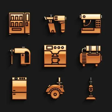 Set Coffee machine and cup, Electric circular saw, Vacuum cleaner, Air comp.. Stock Illustration