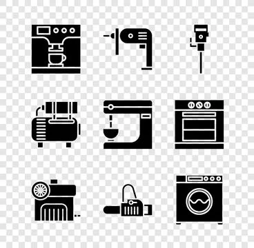 Set Coffee machine and cup, Electric drill, Construction jackhammer, Air co.. Stock Illustration