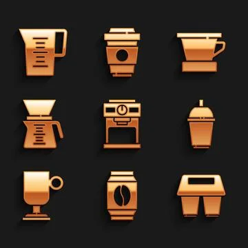 Set Coffee machine, Bag coffee beans, cup to go, Irish, Pour over maker, V6.. Ilustración de archivo