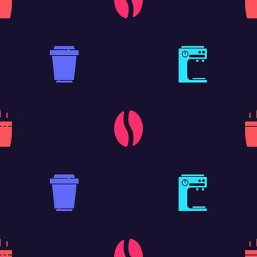 Set Coffee machine, cup to go, beans and on seamless pattern. Vector Illustrazione stock
