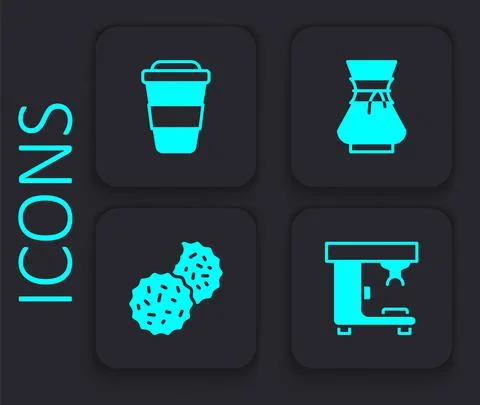 Set Coffee machine, cup to go, Pour over coffee maker and Cookie or biscuit icon Ilustración de archivo