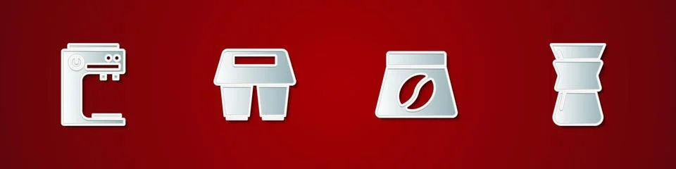 Set Coffee machine, cup to go, Bag coffee beans and Pour over coffee maker icon Ilustración de archivo