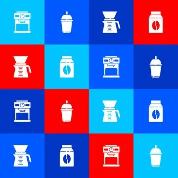 Set Coffee machine, cup to go, Pour over coffee maker and Bag coffee beans icon Ilustração Stock