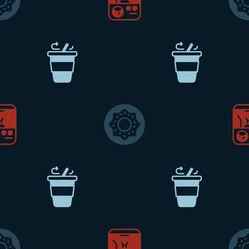 Set Coffee machine, Donut and cup to go on seamless pattern. Vector Stock Illustration
