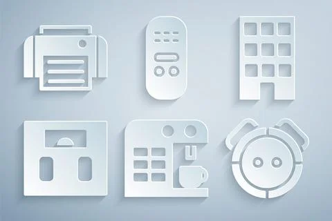 Set Coffee machine, House, Bathroom scales, Robot vacuum cleaner, Remote control Ilustración de archivo