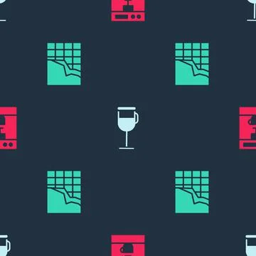 Set Coffee machine, Irish coffee and Chocolate bar on seamless pattern. Vector Stock Illustration