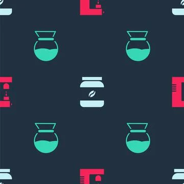 Set Coffee machine, jar bottle and Pour over coffee maker on seamless pattern 库存插图